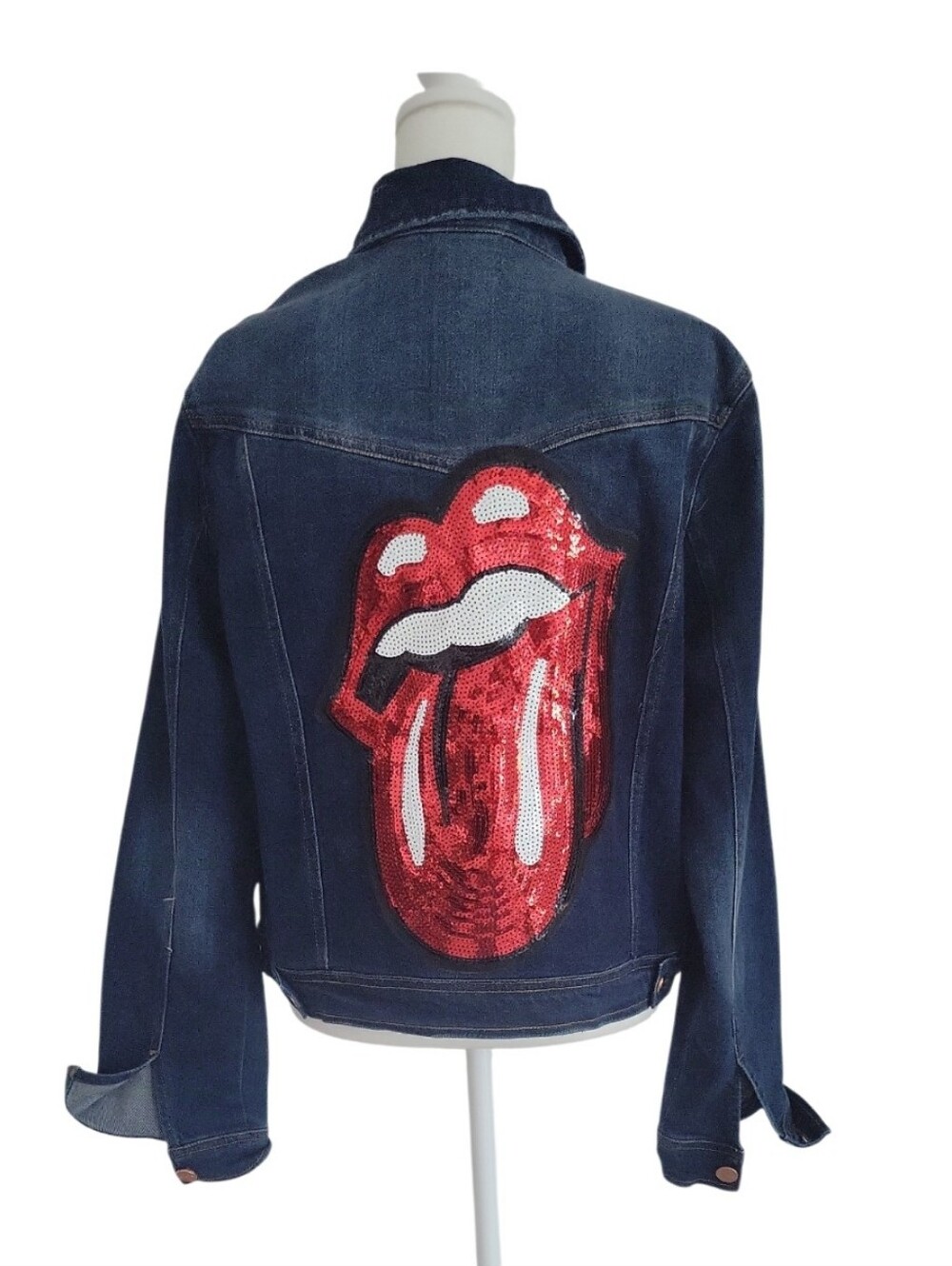 Risen Jean Jacket With Custom Red Sequin Rock & Roll Rolling Stones Logo Size L